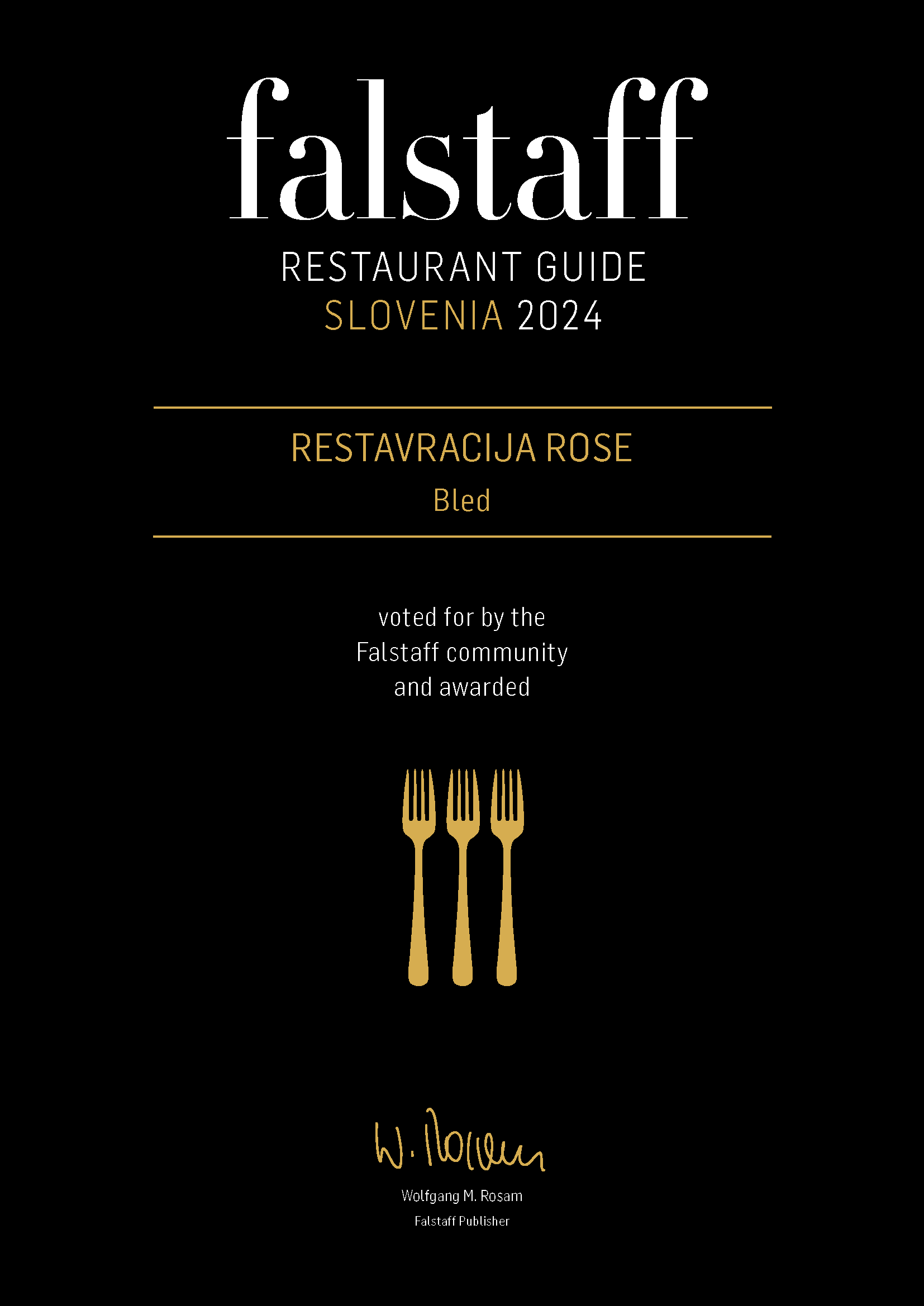 Znak Falstaff Restaurant Guide Slovenia 2024 s tremi vilicami za restavracijo Rose na Bledu